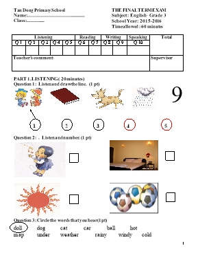 Đề kiểm tra cuối năm Tiếng anh lớp 3 - Năm học 2015-2016 - Trường Tiểu học Tân Đông
